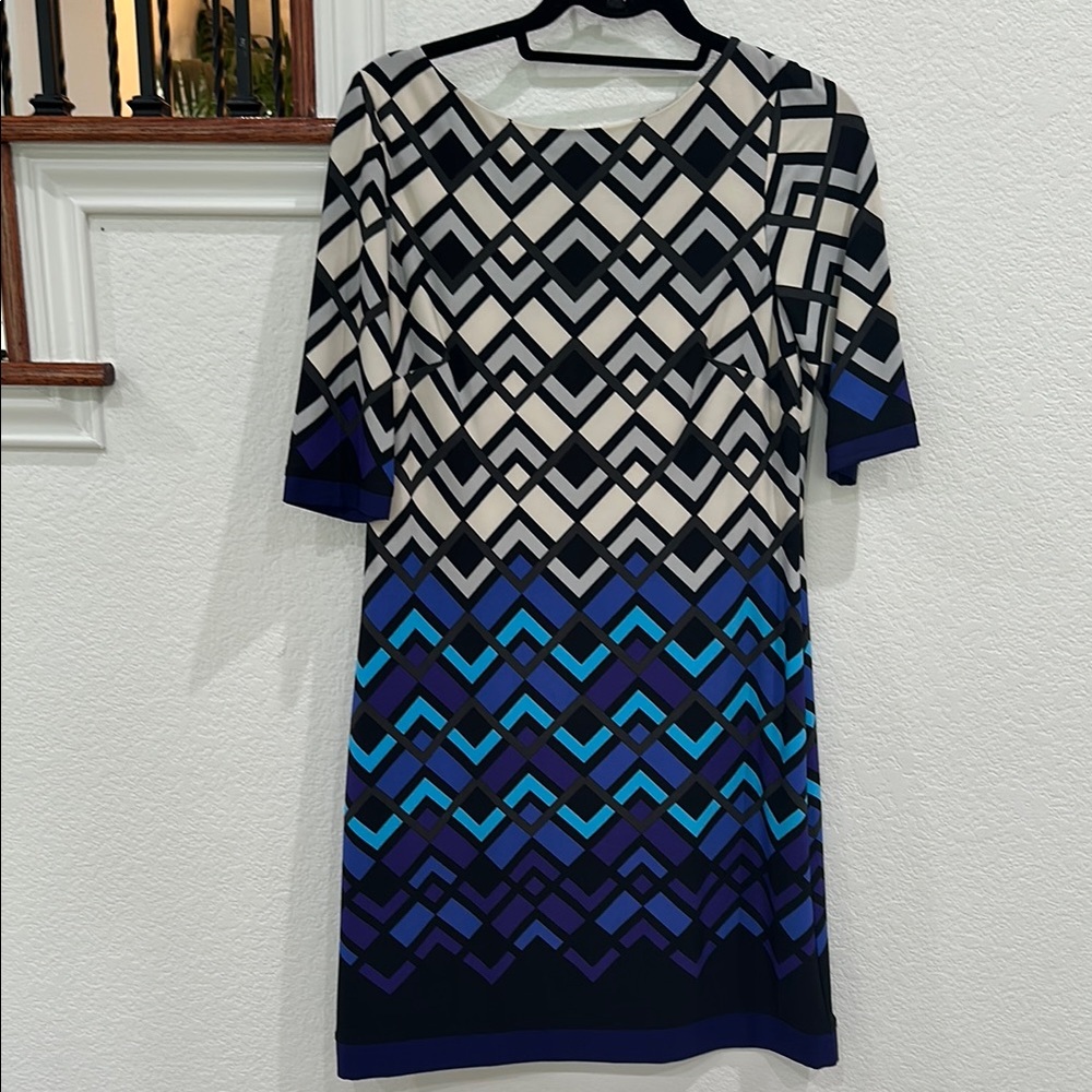 Eliza J Geometric Dress - Black, Blue, Purple, Cream Size 6